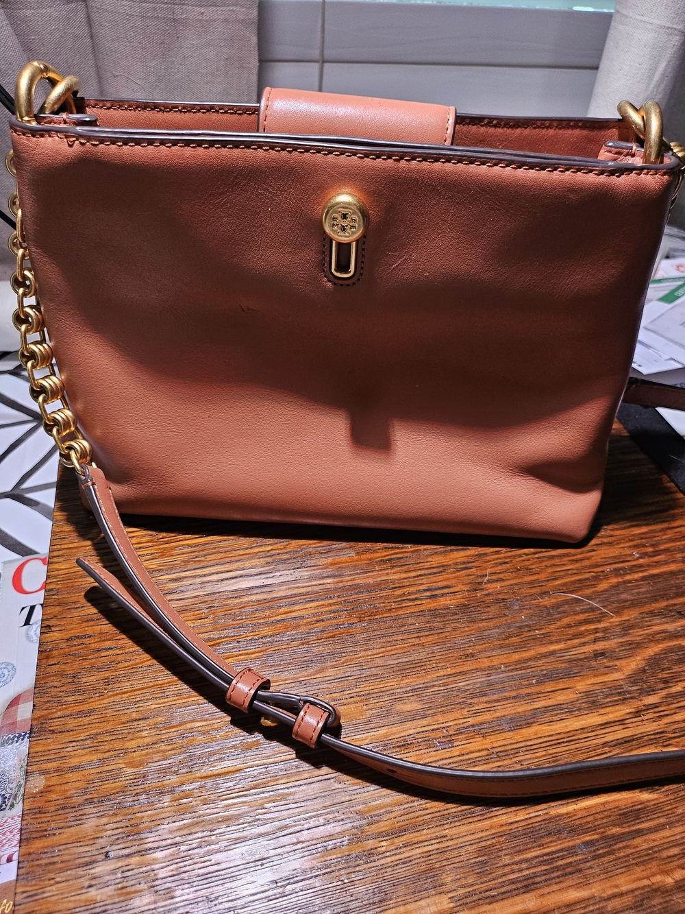 Pink Leather-Trim Tote- Tory Burch